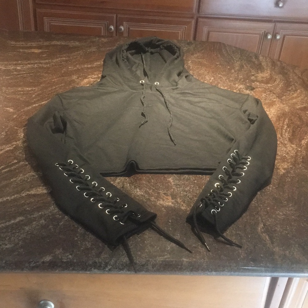 Black cropped hoodie with lace up sleeves